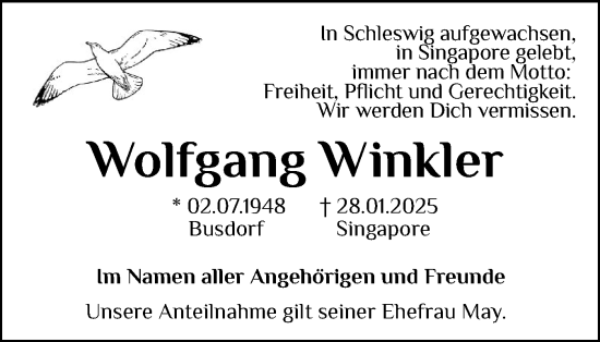 Traueranzeige von Wolfgang Winkler von Schleswiger Nachrichten, Schlei-Bote