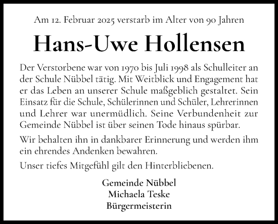 Traueranzeige von Hans-Uwe Hollensen von Schleswig-Holsteinische Landeszeitung