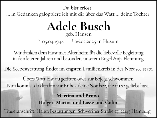 Traueranzeige von Adele Busch von Husumer Nachrichten, Nordfriesland Tageblatt