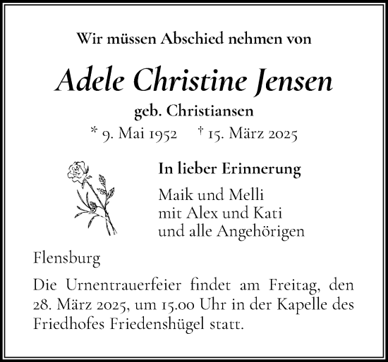 Traueranzeige von Adele Christine Jensen von Flensburger Tageblatt