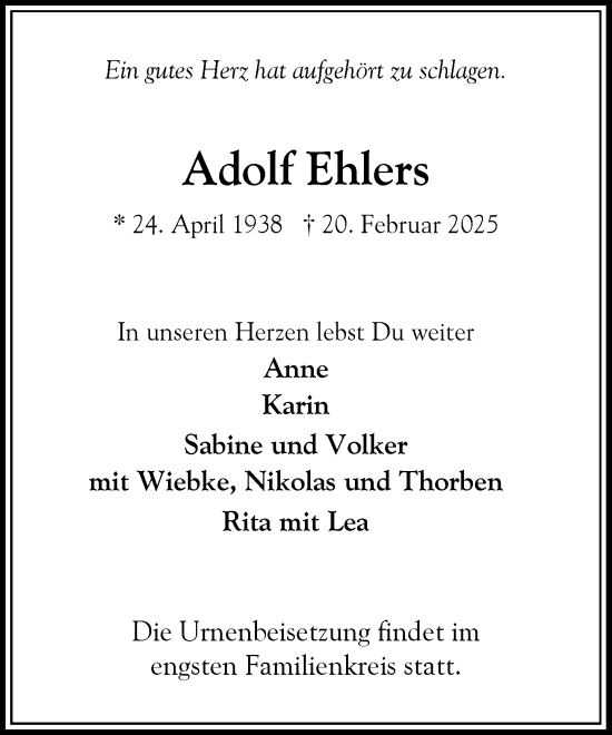 Traueranzeige von Adolf Ehlers von Heimatspiegel