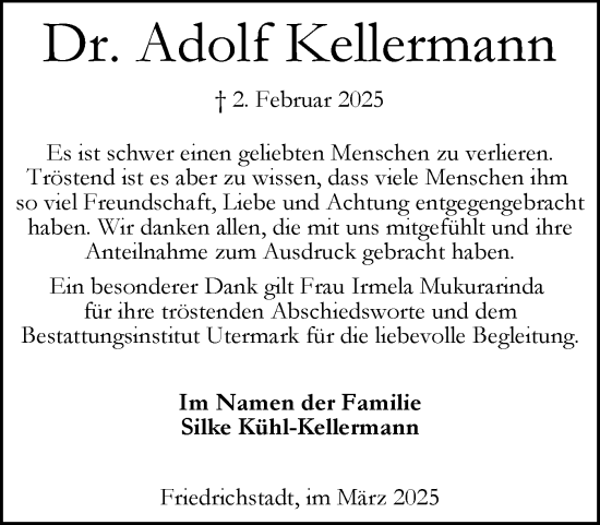 Traueranzeige von Adolf Kellermann von Husumer Nachrichten, Nordfriesland Tageblatt