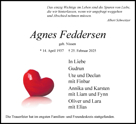 Traueranzeige von Agnes Feddersen von Elmshorner Nachrichten, Barmstedter Zeitung