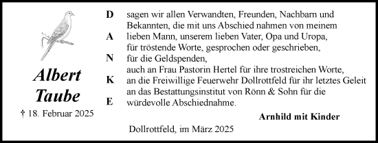Traueranzeige von Albert Taube von Schleswiger Nachrichten, Schlei-Bote