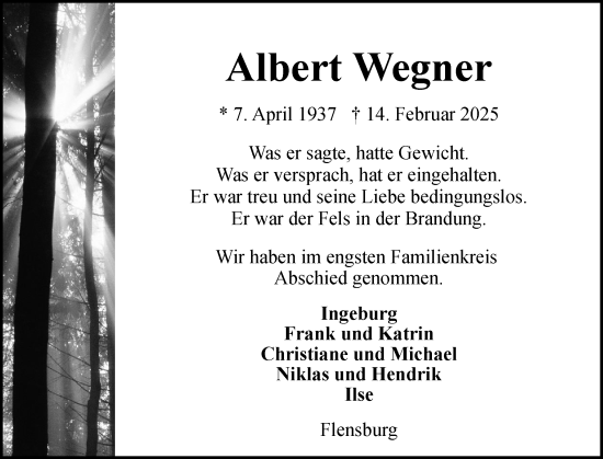 Traueranzeige von Albert Wegner von Flensburger Tageblatt