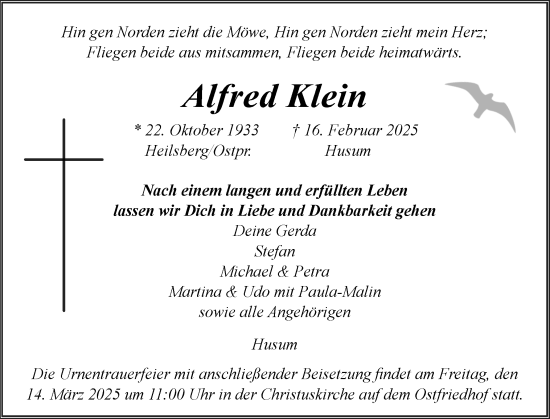 Traueranzeige von Alfred Klein von Husumer Nachrichten, Nordfriesland Tageblatt