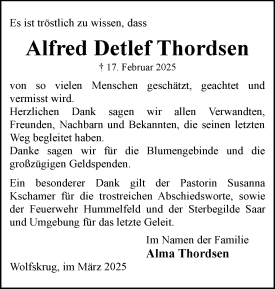 Traueranzeige von Alfred Detlef Thordsen von Eckernförder Zeitung, Hallo Eckernförde