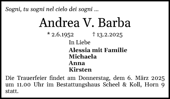 Traueranzeige von Andrea Barba von Eckernförder Zeitung