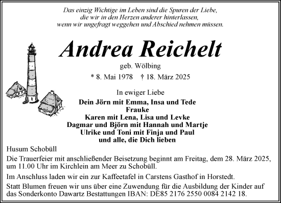 Traueranzeige von Andrea Reichelt von Husumer Nachrichten, Nordfriesland Tageblatt