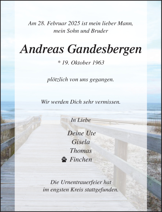 Traueranzeige von Andreas Gandesbergen von MARKT Ahrensburg/Bargteheide/Trittau und Stormarner Tageblatt