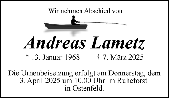 Traueranzeige von Andreas Lametz von Husumer Nachrichten, Nordfriesland Tageblatt