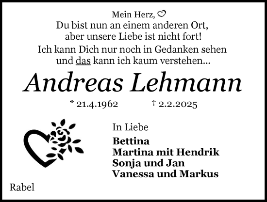 Traueranzeige von Andreas Lehmann von Schleswiger Nachrichten, Schlei-Bote