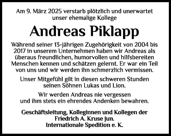 Traueranzeige von Andreas Piklapp von Norddeutsche Rundschau, Wilstersche Zeitung, Glückstädter Fortuna
