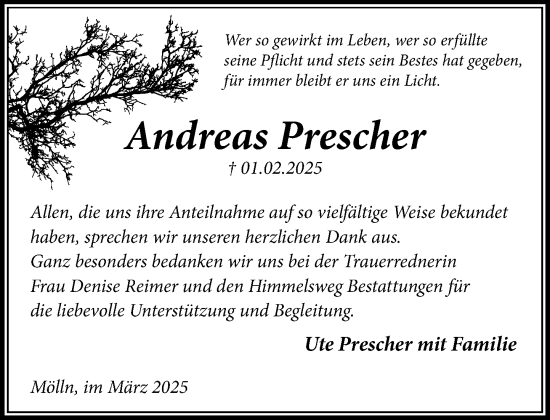 Traueranzeige von Andreas Prescher von MARKT Ratzeburg/Mölln
