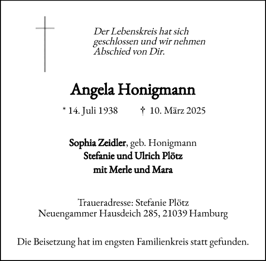 Traueranzeige von Angela Honigmann von MARKT Glinde/Reinfeld