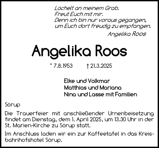 Traueranzeige von Angelika Roos von Flensburger Tageblatt