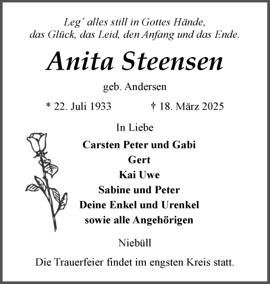 Traueranzeige von Anita Steensen von Husumer Nachrichten, Nordfriesland Tageblatt