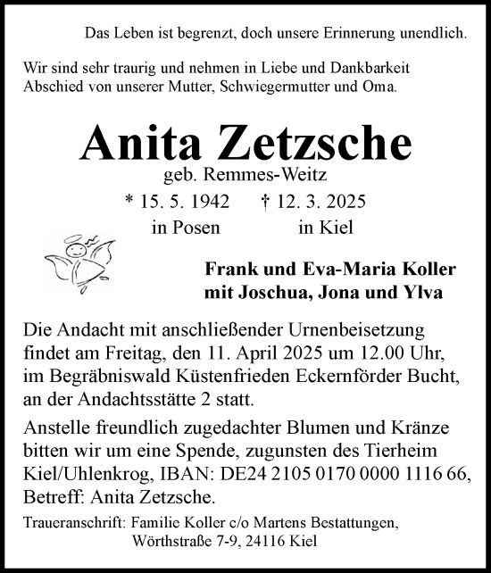 Traueranzeige von Anita Zetzsche von Flensburger Tageblatt