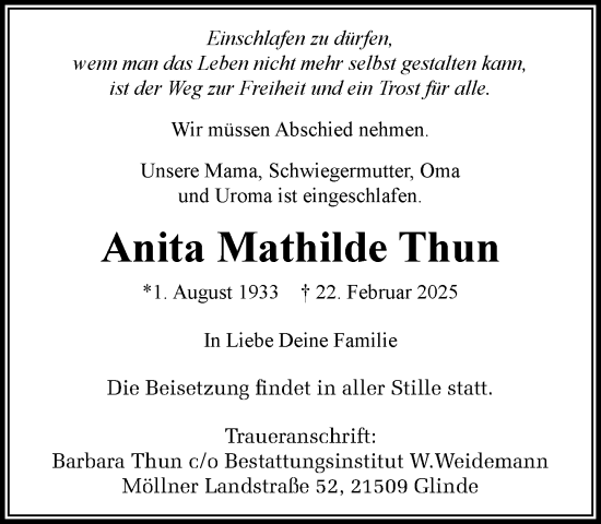 Traueranzeige von Anita Mathilde Thun von MARKT Glinde/Reinfeld