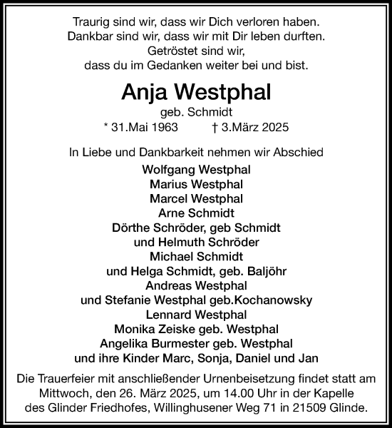 Traueranzeige von Anja Westphal von MARKT Glinde/Reinfeld