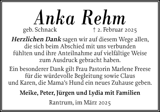 Traueranzeige von Anka Rehm von Husumer Nachrichten, Nordfriesland Tageblatt