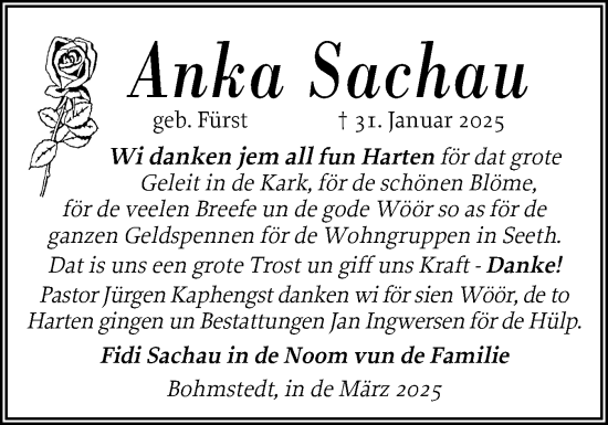 Traueranzeige von Anka Sachau von Husumer Nachrichten, Nordfriesland Tageblatt