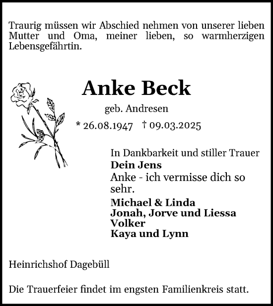 Traueranzeige von Anke Beck von Husumer Nachrichten, Nordfriesland Tageblatt