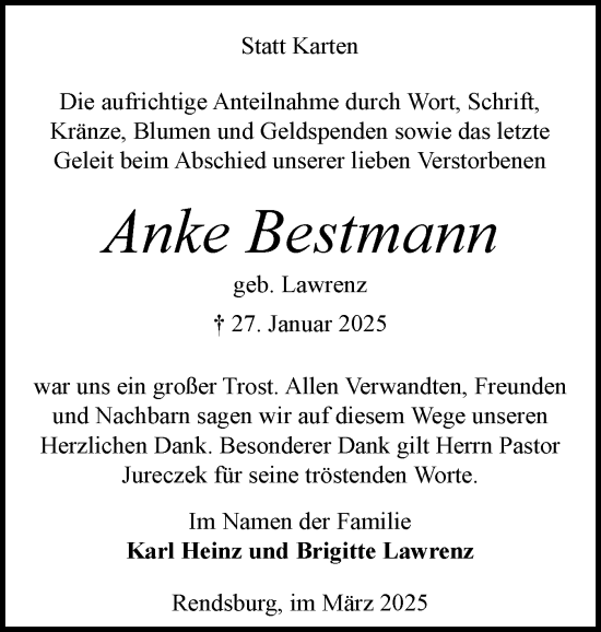 Traueranzeige von Anke Bestmann von Schleswig-Holsteinische Landeszeitung