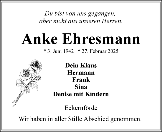 Traueranzeige von Anke Ehresmann von Eckernförder Zeitung, Hallo Eckernförde