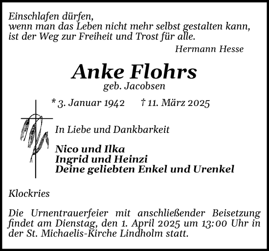 Traueranzeige von Anke Flohrs von Husumer Nachrichten, Nordfriesland Tageblatt