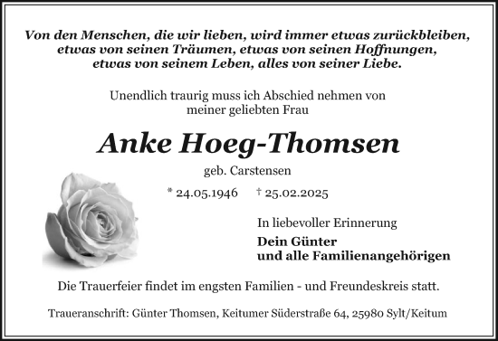 Traueranzeige von Anke Hoeg-Thomsen von Sylter Rundschau
