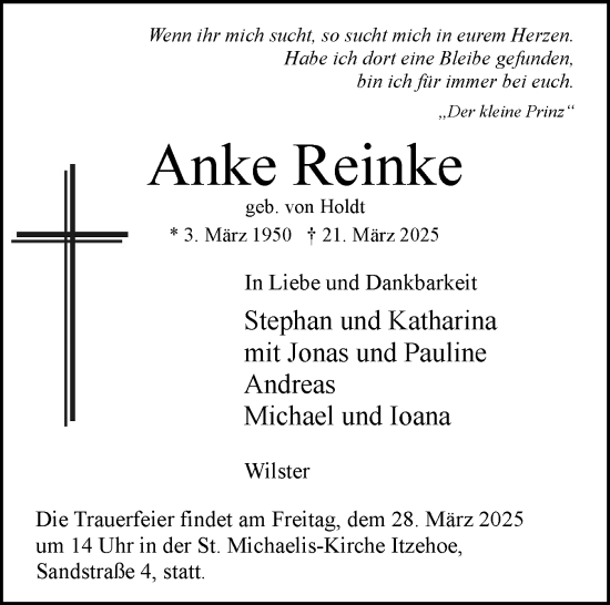 Traueranzeige von Anke Reinke von Norddeutsche Rundschau, Wilstersche Zeitung, Glückstädter Fortuna