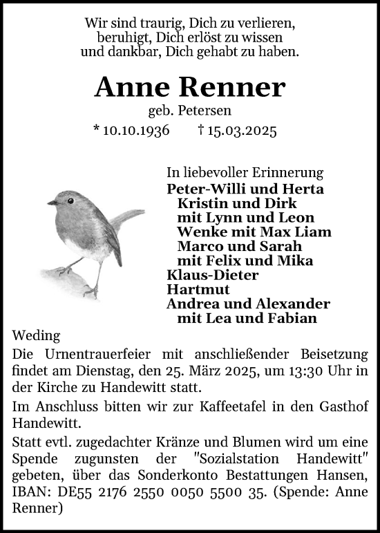 Traueranzeige von Anne Renner von Flensburger Tageblatt