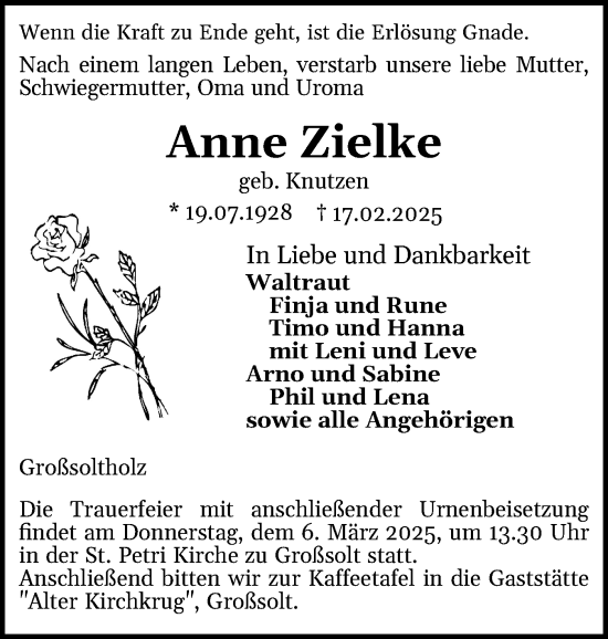 Traueranzeige von Anne Zielke von Flensburger Tageblatt