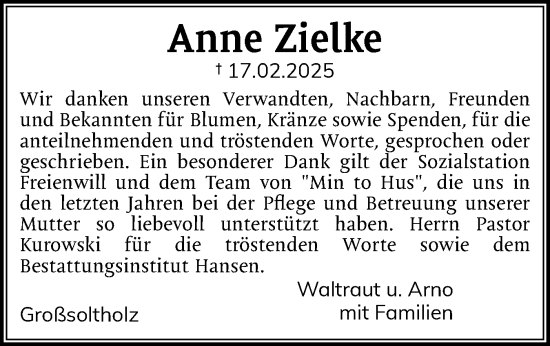 Traueranzeige von Anne Zielke von Flensburger Tageblatt