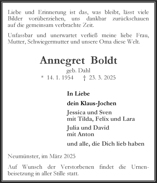 Traueranzeige von Annegret Boldt von Holsteinischer Courier