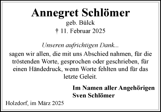Traueranzeige von Annegret Schlömer von Eckernförder Zeitung, Hallo Eckernförde