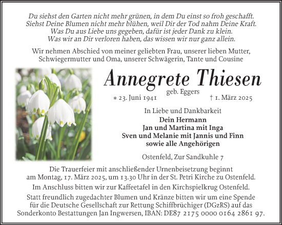 Traueranzeige von Annegrete Thiesen von Husumer Nachrichten, Nordfriesland Tageblatt