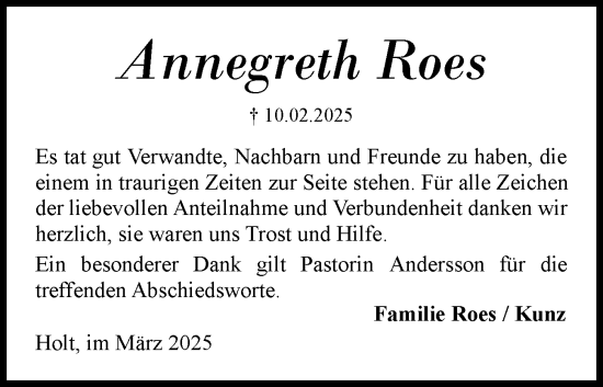 Traueranzeige von Annegreth Roes von Region Flensburg