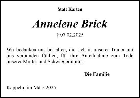 Traueranzeige von Annelene Brick von Schleswiger Nachrichten, Schlei-Bote