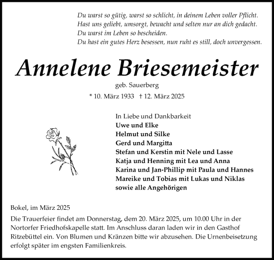Traueranzeige von Annelene Briesemeister von Schleswig-Holsteinische Landeszeitung