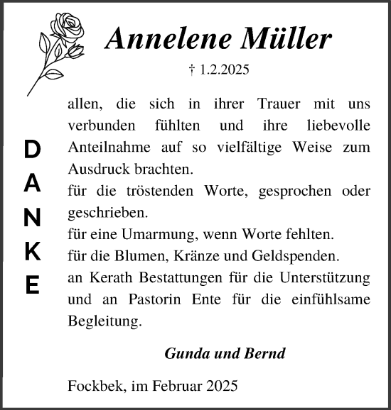 Traueranzeige von Annelene Müller von Schleswig-Holsteinische Landeszeitung