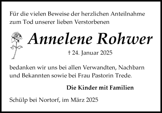 Traueranzeige von Annelene Rohwer von Schleswig-Holsteinische Landeszeitung