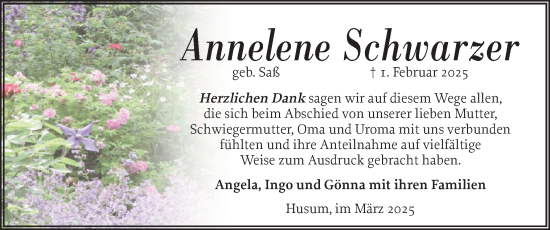 Traueranzeige von Annelene Schwarzer von Husumer Nachrichten, Nordfriesland Tageblatt