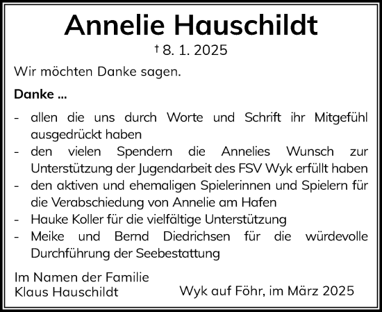 Traueranzeige von Annelie Hauschildt von Der Insel-Bote