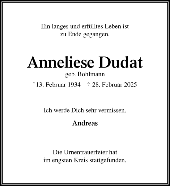 Traueranzeige von Anneliese Dudat von MARKT Ahrensburg/Bargteheide/Trittau und Stormarner Tageblatt