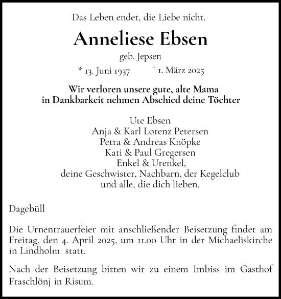 Traueranzeige von Anneliese Ebsen von Husumer Nachrichten, Nordfriesland Tageblatt