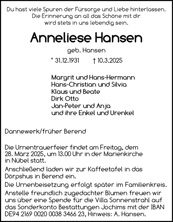 Traueranzeige von Anneliese Hansen von Schleswiger Nachrichten, Schlei-Bote