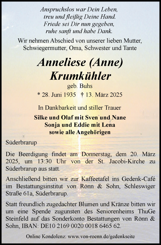 Traueranzeige von Anneliese  Krumkühler von Schleswiger Nachrichten, Schlei-Bote