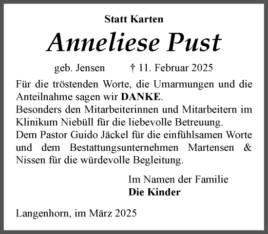 Traueranzeige von Anneliese Pust von Husumer Nachrichten, Nordfriesland Tageblatt